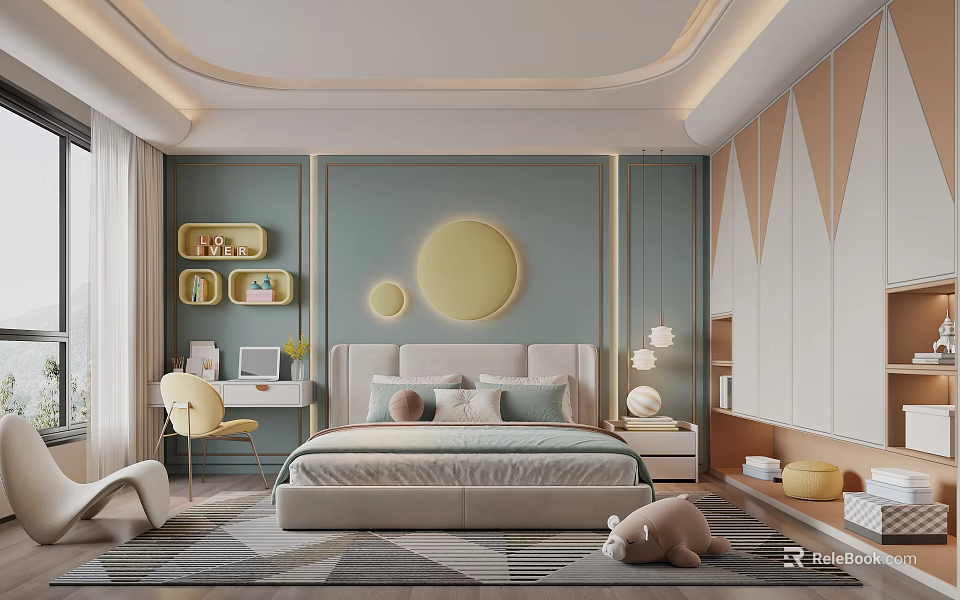Kids Room Interior With Light Blue Walls Yellow Circular Decor Bed Desk And Stuffed Toy 3d model 