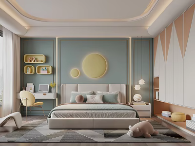 Kids Room Interior With Light Blue Walls Yellow Circular Decor Bed Desk And Stuffed Toy 3d model