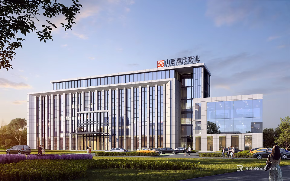 Modern Residential Building With Glass Curtain Wall Greenery And Surrounding Pedestrian Area 3d model 