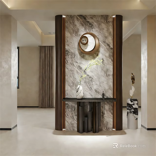 Modern Entryway Cabinet and Sideboard with Marble Background Round Mirror and Vase 3d model 