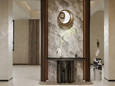 Modern Entryway Cabinet and Sideboard with Marble Background Round Mirror and Vase 3d model
