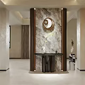 Modern Entryway Cabinet and Sideboard with Marble Background Round Mirror and Vase