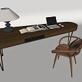 Modern Wooden Desk With Walnut Finish Lamp Open Book Laptop And Chair