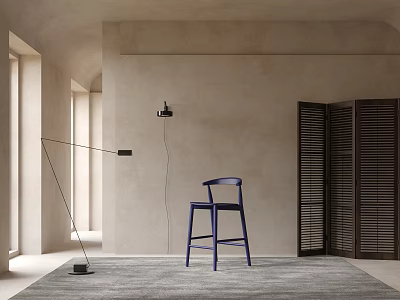 Modern Minimalist Interior With Blue Bar Stool Gray Rug Floor Lamp And Louvered Doors 3d model