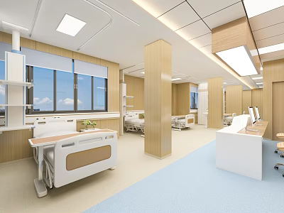 Modern Hospital Ward Interior With Wooden Pillars Blue Floor And Medical Beds 3d model