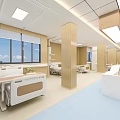 Modern Hospital Ward Interior With Wooden Pillars Blue Floor And Medical Beds