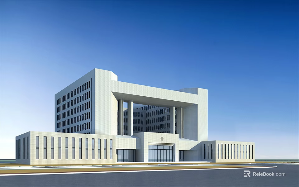 Modern White Office Building With Numerous Windows Spacious Entrance And Blue Sky Background 3d model 