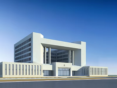 Modern White Office Building With Numerous Windows Spacious Entrance And Blue Sky Background 3d model