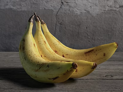 Ripe Bananas With Brown Spots On Wooden Table Against Gray Wall 3d model