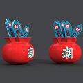 Two Red Jars With Chao Characters Filled With Blue Cards Featuring Cai Characters 3d model