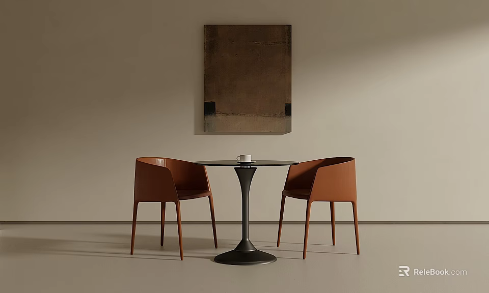 Modern Interior With Round Table And Two Brown Leather Chairs And Wall Art 3d model