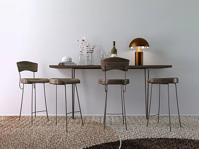 Stylish Bar Counter With Wooden Stools Golden Lamp Decor Against White Wall On Textured Rug 3d model