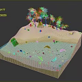 3D Tropical Island Scene With Sandy Beach Green Trees Blue Water And Dolphins