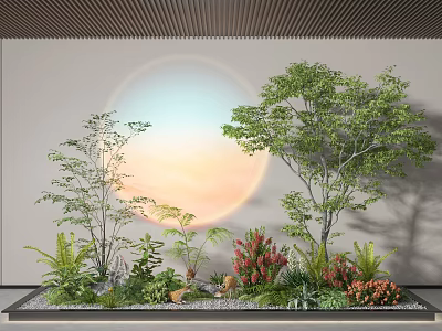 Indoor Landscape With Various Trees Ferns Red Flowers Circular Sunset Light And Pebble Ground 3d model