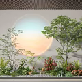 Indoor Landscape With Various Trees Ferns Red Flowers Circular Sunset Light And Pebble Ground