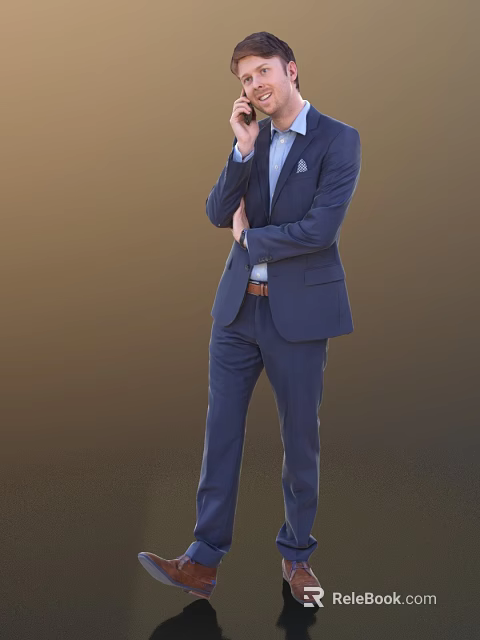Man In Dark Blue Suit With Crossed Arms Talking On Phone Against Brown Background 3d model 