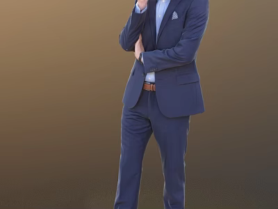 Man In Dark Blue Suit With Crossed Arms Talking On Phone Against Brown Background 3d model