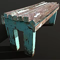 Public Wooden Bench With Weathered Peeling Paint And Blue Green Legs
