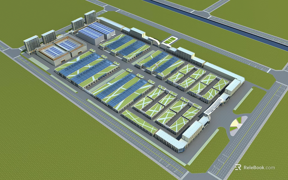 Large Scale Industrial Factory Complex With Modern Layout Blue Roof And Green Surroundings 3d model 