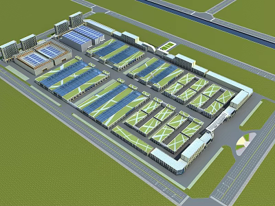 Large Scale Industrial Factory Complex With Modern Layout Blue Roof And Green Surroundings 3d model