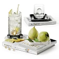Fresh Green Pears In Bowl With Ice Glasses Lemon Slices And Books