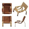 Brown Leather Leisure Chair with Quilted Backrest and Wooden Armrests Legs Modern Design