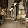 Wooden Themed Restaurant Interior With Hanging Lanterns Green Plants And Booth Seats
