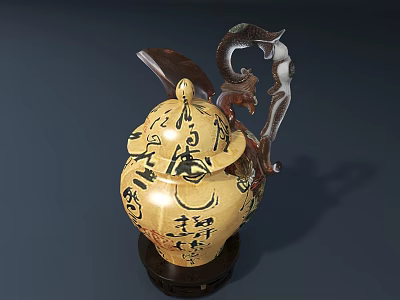 Ceramic Vessel With Yellow Base Black Calligraphy And Dragon Shaped Handle On Dark Base 3d model