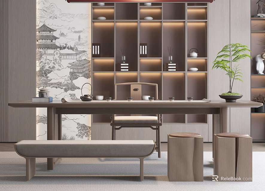 Modern Chinese Wooden Tea Table And Chairs With Illuminated Shelf Tea Sets And Green Plant 3d model 