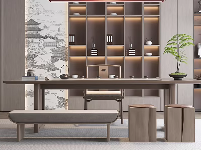 Modern Chinese Wooden Tea Table And Chairs With Illuminated Shelf Tea Sets And Green Plant 3d model