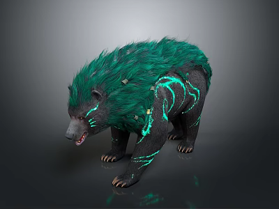 Mystical Bear With Vibrant Green Fur And Black Glowing Patterns In Dark Setting 3d model