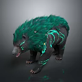 Mystical Bear With Vibrant Green Fur And Black Glowing Patterns In Dark Setting