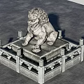 Garden Ornament Stone Lion On Pedestal With Railing Under Rainy Blue Sky