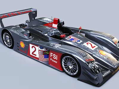 Silver Racing Car With Number 2 FSI Shell Logos And Streamlined Design 3d model Silver Racing Car With Number 2 FSI Shell Logos And Streamlined Design 3d model