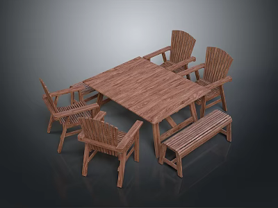 Natural Rustic Wooden Dining Table Set With Chairs And Bench Furniture Design 3d model