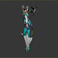 Sci Fi Biomechanical Character Wearing Blue White Outfit Holding Green Glowing Weapon And Back Wings