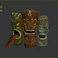 Tropical Landscape With Wooden Tiki Statues Glowing Orange Eyes And Carvings