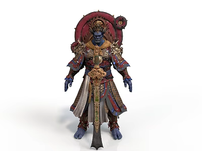 Man Wearing Ornate Armor With Blue Skin Helmet Decorative Sword And Robe 3d model