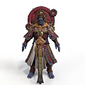 Man Wearing Ornate Armor With Blue Skin Helmet Decorative Sword And Robe