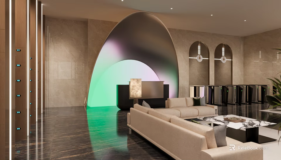 Modern Hotel Lobby Interior With Arched Structure Sofa Seating And Ambient Lighting Effects 3d model 