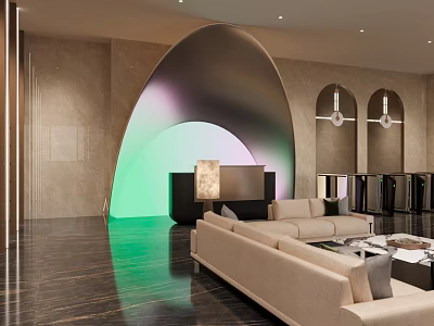 Modern Hotel Lobby Interior With Arched Structure Sofa Seating And Ambient Lighting Effects 3d model