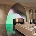 Modern Hotel Lobby Interior With Arched Structure Sofa Seating And Ambient Lighting Effects 3d model