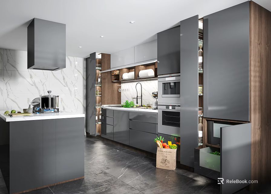 Modern Kitchen Interior Featuring Gray Cabinets Marble Backsplash Island Wooden Elements And Appliances 3d model