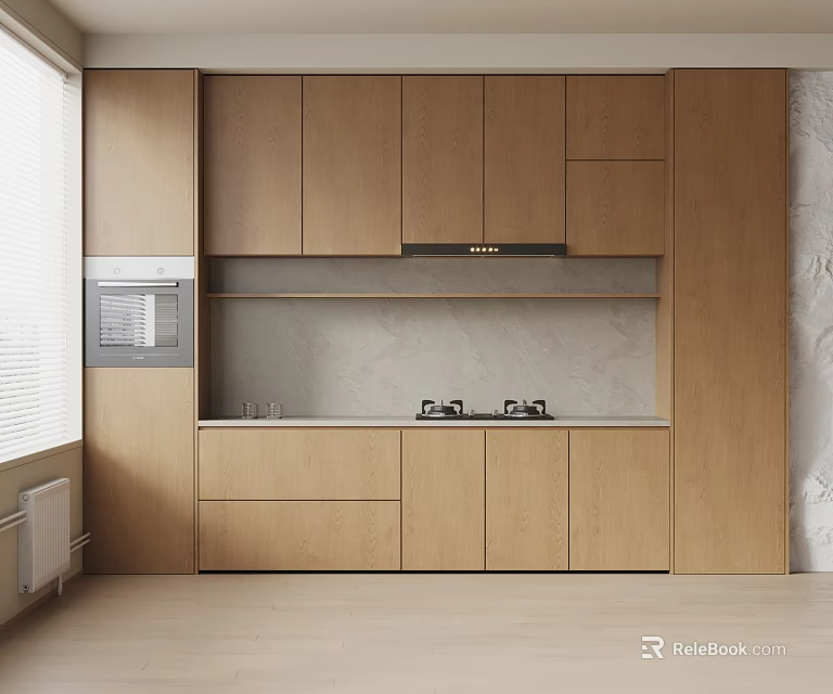 Modern Wooden Kitchen Cabinets Design With Built-in Microwave Stove And Stone Countertop 3d model 