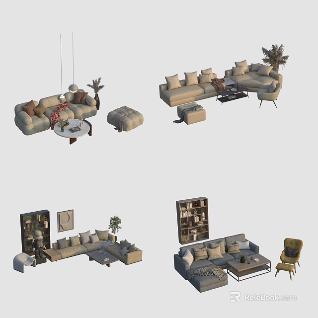 Modern Sofa and Coffee Table Set With Decorative Cushions Ottoman Accent Chair And Potted Plants 3d model 