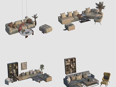 Modern Sofa and Coffee Table Set With Decorative Cushions Ottoman Accent Chair And Potted Plants 3d model