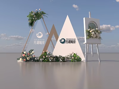 Check in Photo Spot With Triangular Decorations Fresh Flowers Green Plants And Easel Style Circular Mirror 3d model