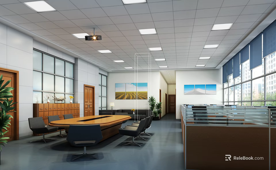 Modern Conference Room Interior With Large Wooden Table Comfortable Chairs Wall Paintings And Large Windows 3d model 