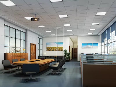 Modern Conference Room Interior With Large Wooden Table Comfortable Chairs Wall Paintings And Large Windows 3d model