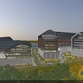 Modern Office Complex With Glass Facade And Landscaped Green Areas Under Sunset Sky